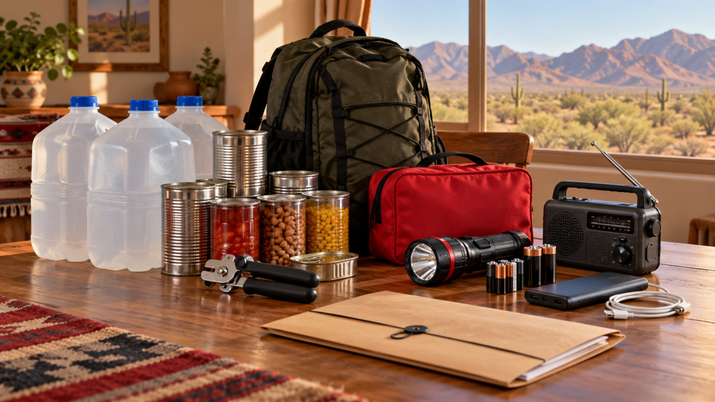 Emergency supplies including water, food, a flashlight, radio, and backpack.