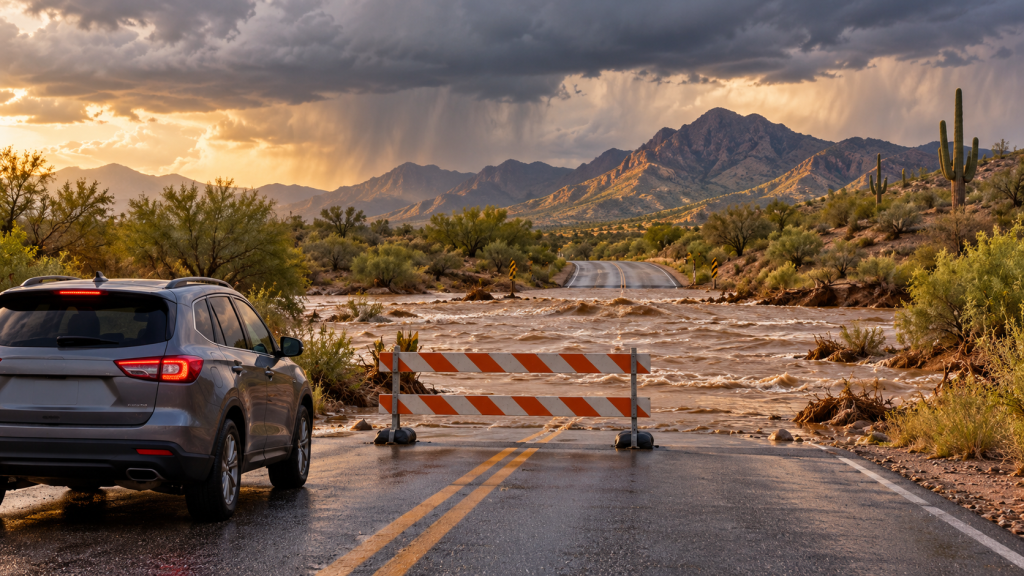 A vehicle stopped before a barricade at a flooded road crossing.