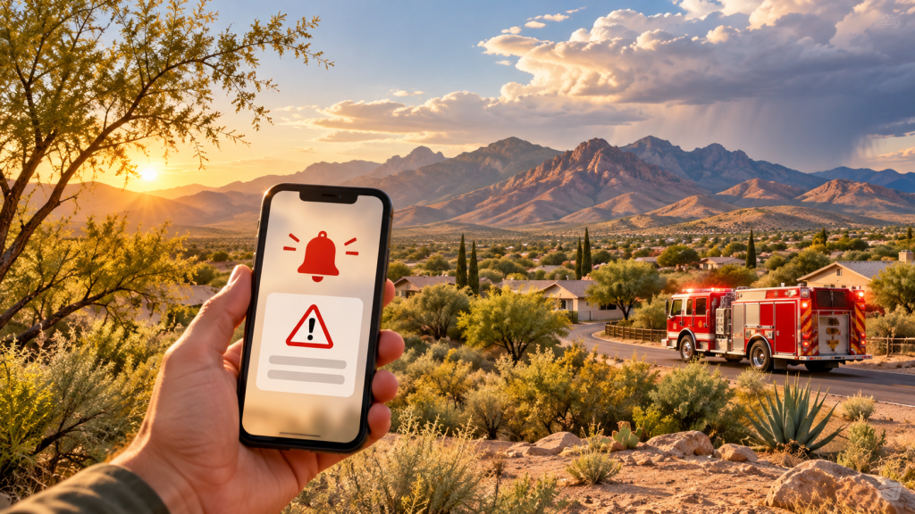 Phone displaying an emergency alert with an Arizona desert community and fire engine in the background.
