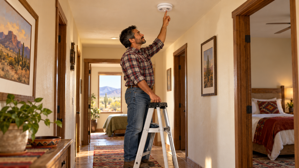 A person pressing the test button on a ceiling-mounted smoke alarm.