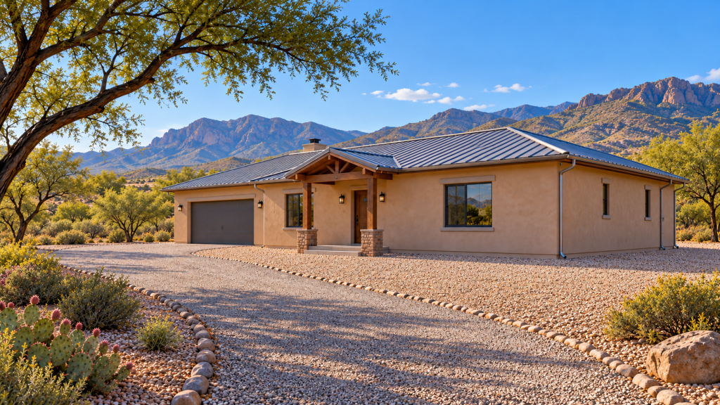 A home surrounded by cleared gravel space with vegetation farther from the building.